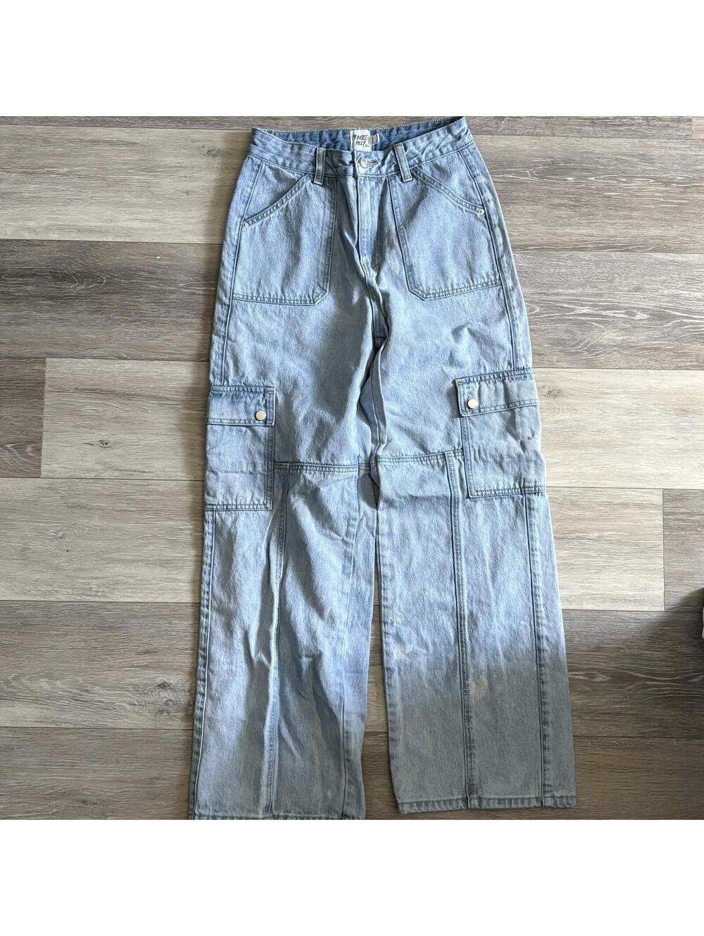 denim wide leg cargo jeans